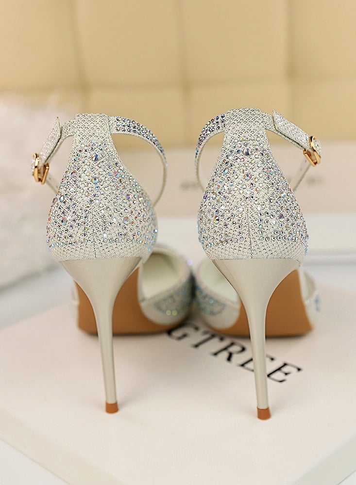 BIGTREE 10cm Women's Sandals With Sparkling Rhinestones With High Heels And Shallow Cut Points White  - Image 2