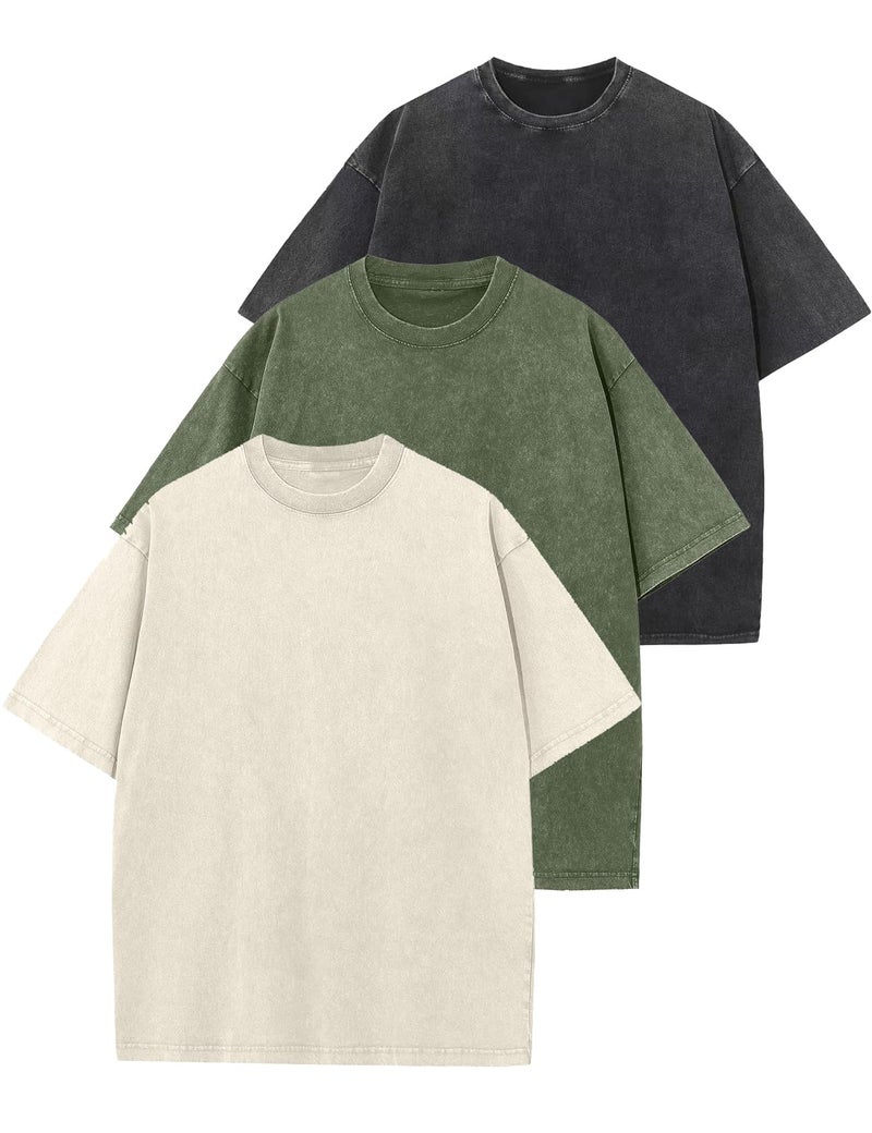 Arssm 3 Pack Men Oversized T Shirts Vintage Tee Loose Fit Short Sleeve Casual Streetwear Baggy Washed Unisex Tops(BlackArmyBeige-L) - Image 1