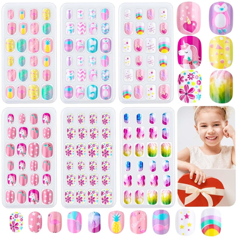Thrilez 144 Pieces Press on Nails Grils, Children Fake Artificial False Nail Tips Pre Glue Full Cover Short Acrylic Nails for Girls Kids Nail Art Decoration (Rainbow Sky) - Image 1