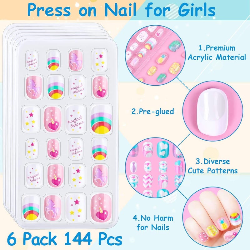 Thrilez 144 Pieces Press on Nails Grils, Children Fake Artificial False Nail Tips Pre Glue Full Cover Short Acrylic Nails for Girls Kids Nail Art Decoration (Rainbow Sky) - Image 4