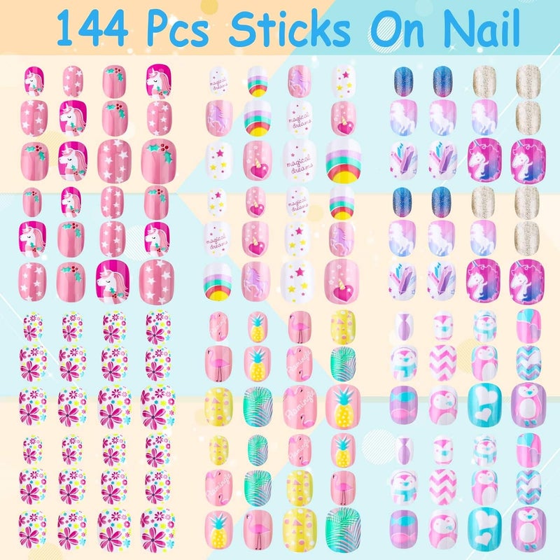 Thrilez 144 Pieces Press on Nails Grils, Children Fake Artificial False Nail Tips Pre Glue Full Cover Short Acrylic Nails for Girls Kids Nail Art Decoration (Rainbow Sky) - Image 3