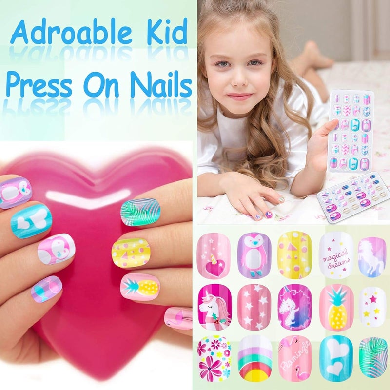Thrilez 144 Pieces Press on Nails Grils, Children Fake Artificial False Nail Tips Pre Glue Full Cover Short Acrylic Nails for Girls Kids Nail Art Decoration (Rainbow Sky) - Image 2