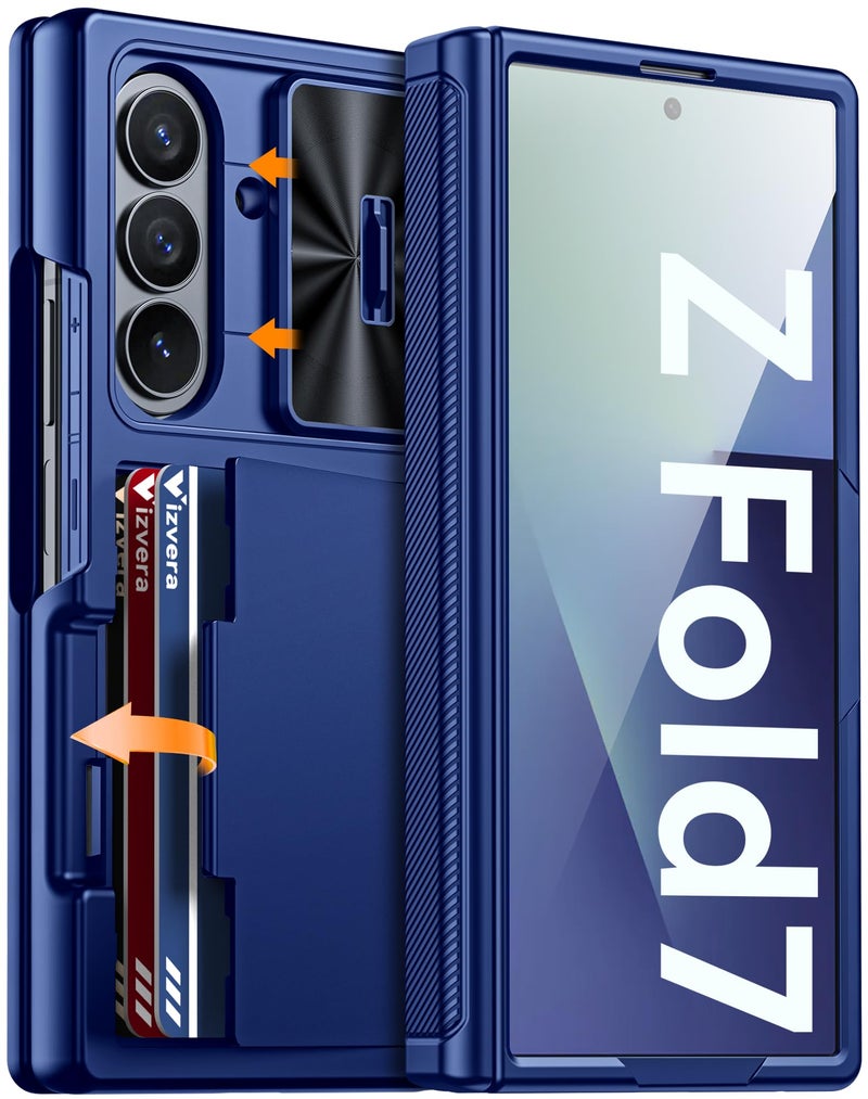 Vizvera for Samsung Galaxy Z Fold 7 Case RFID Wallet with Cards Holder [Hinge Cover] [Camera Cover] Shockproof Silicone Protective Phone Case for Z Fold 7 2025-Blue - Image 1