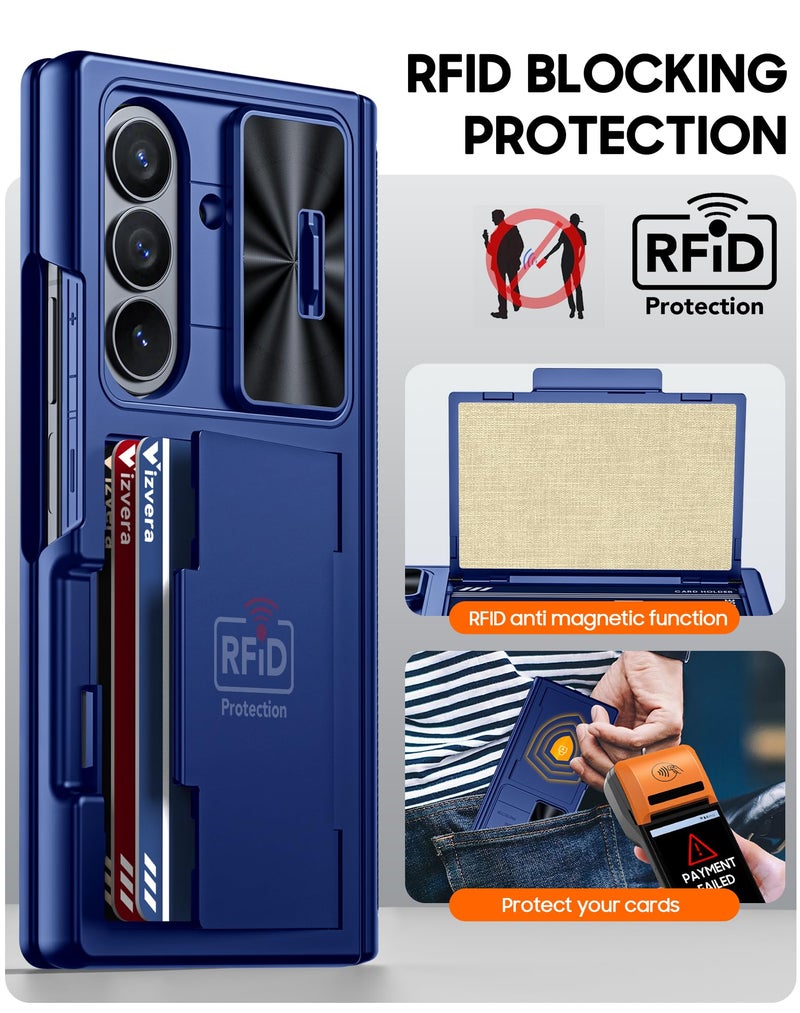 Vizvera for Samsung Galaxy Z Fold 7 Case RFID Wallet with Cards Holder [Hinge Cover] [Camera Cover] Shockproof Silicone Protective Phone Case for Z Fold 7 2025-Blue - Image 3