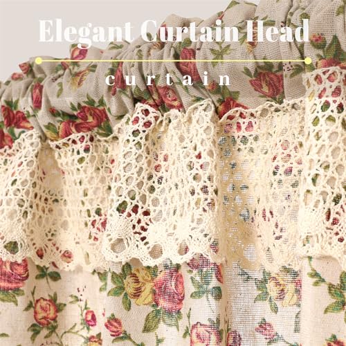 Moslovstar Farmhouse Cotton Linen Tier Curtain 15.7 Inch Long Elegant Floral Lace Window Valance Kitchen Bathroom Short Curtain, 1 Panel, Blooming Roses on Beige - Image 3