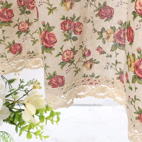 Moslovstar Farmhouse Cotton Linen Tier Curtain 15.7 Inch Long Elegant Floral Lace Window Valance Kitchen Bathroom Short Curtain, 1 Panel, Blooming Roses on Beige - Image 1