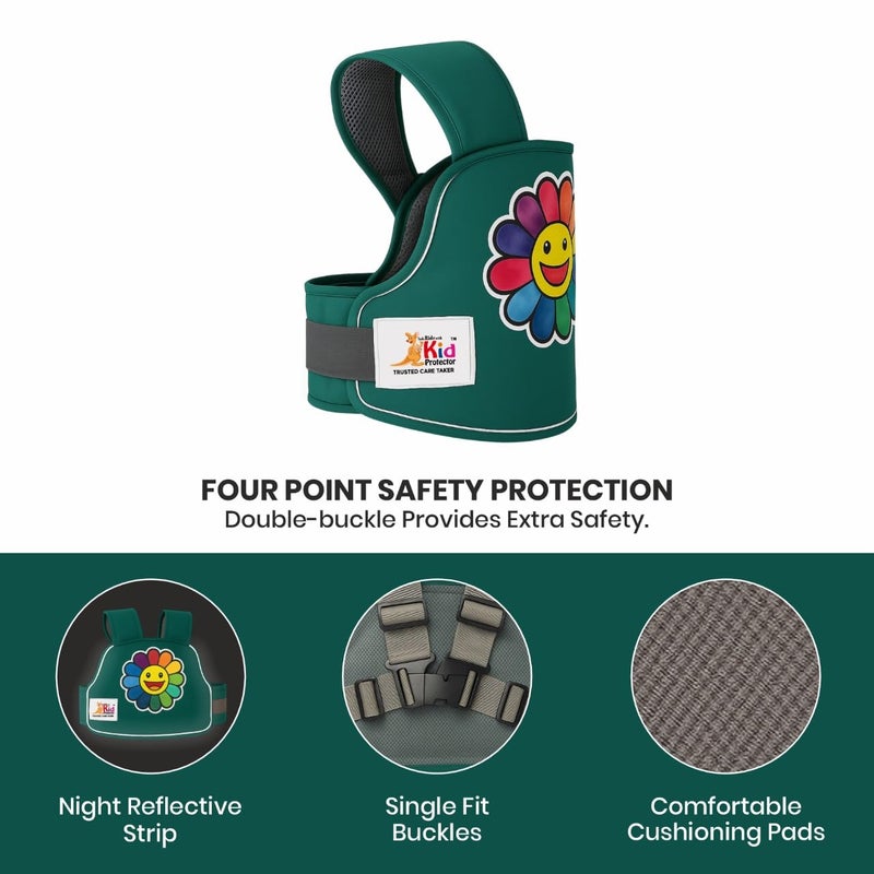 Kid Protector Child Safety Belt for Two-Wheeler | 4-Point Harness | Adjustable (35-90 cm) | Reflective Strips | Age 2-7 | Bike, Scooter Harness | Strong & Durable Fabric (Green) - Image 5