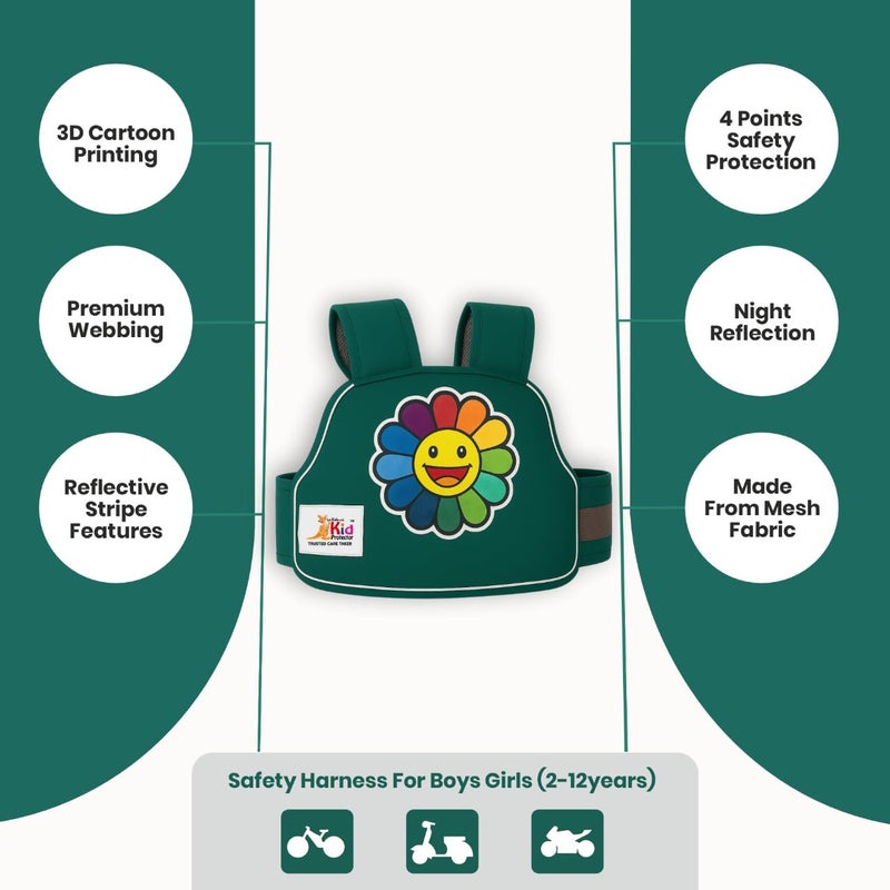 Kid Protector Child Safety Belt for Two-Wheeler | 4-Point Harness | Adjustable (35-90 cm) | Reflective Strips | Age 2-7 | Bike, Scooter Harness | Strong & Durable Fabric (Green) - Image 4