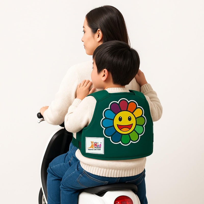 Kid Protector Child Safety Belt for Two-Wheeler | 4-Point Harness | Adjustable (35-90 cm) | Reflective Strips | Age 2-7 | Bike, Scooter Harness | Strong & Durable Fabric (Green) - Image 1