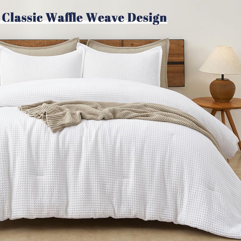 PHF Ultra Soft Waffle Weave 3 Pieces Comforter Set King Size, Lightweight Breathable Comfy Textured, Includes 1 Comforter (275cm x 230cm) with 2 Pillow Shams (50 cm x 90 cm), White - Image 5