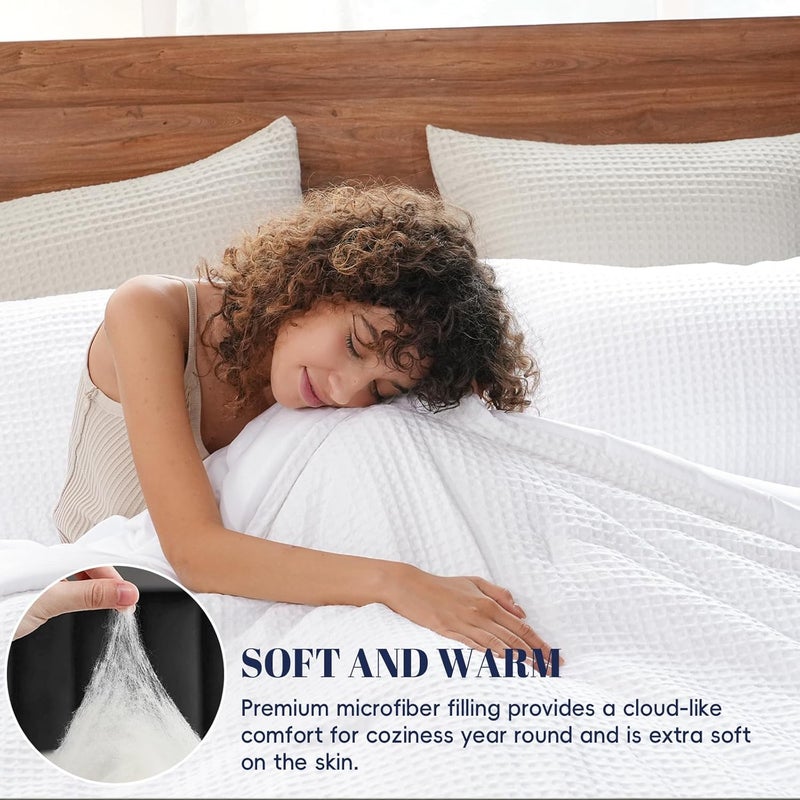 PHF Ultra Soft Waffle Weave 3 Pieces Comforter Set King Size, Lightweight Breathable Comfy Textured, Includes 1 Comforter (275cm x 230cm) with 2 Pillow Shams (50 cm x 90 cm), White - Image 2