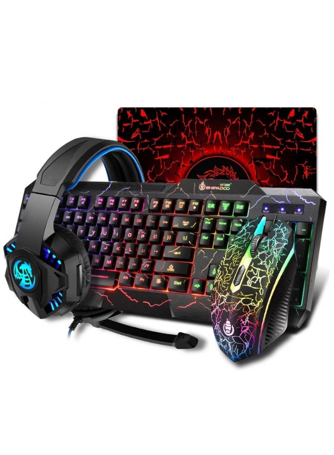 عام لوحة مفاتيح سلكية مضيئة ، ماوس ، سماعة رأس ، لوحة ماوس ، مجموعة من أربع قطع ، هدية للعائلة والأصدقاء - Image 1