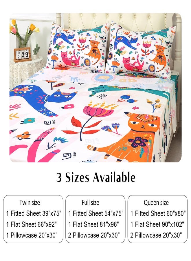 EDGZKO Cat Sheet Set Twin: Cute Cats Bed Sheets Twin Size for Girls Kids Teens Toddler Kawaii Cartoon Floral Print 3 Piece Bedding Sets 1 Fitted Sheet & 1 Flat Sheet & 1 Pillowcase - Image 5