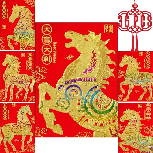 ELLZK Red Envelopes Chinese New Year Horse 2026 Chinese New Year Lunar New Year Decorations Lucky Money Envelopes Gifts(6 Patterns 36 Pcs) Gold Foil - Image 1