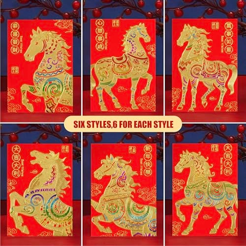 ELLZK Red Envelopes Chinese New Year Horse 2026 Chinese New Year Lunar New Year Decorations Lucky Money Envelopes Gifts(6 Patterns 36 Pcs) Gold Foil - Image 3