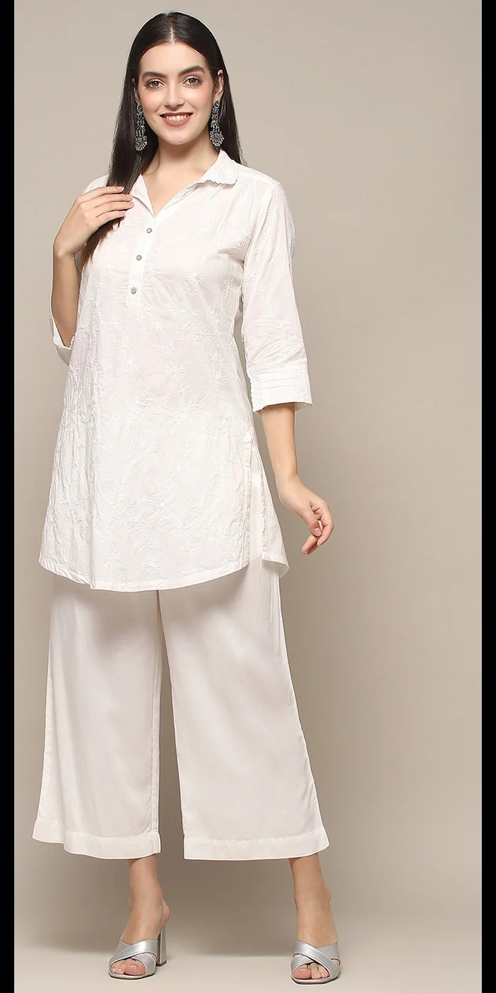 Biba White Cotton Embroidered Straight Short Kurta
