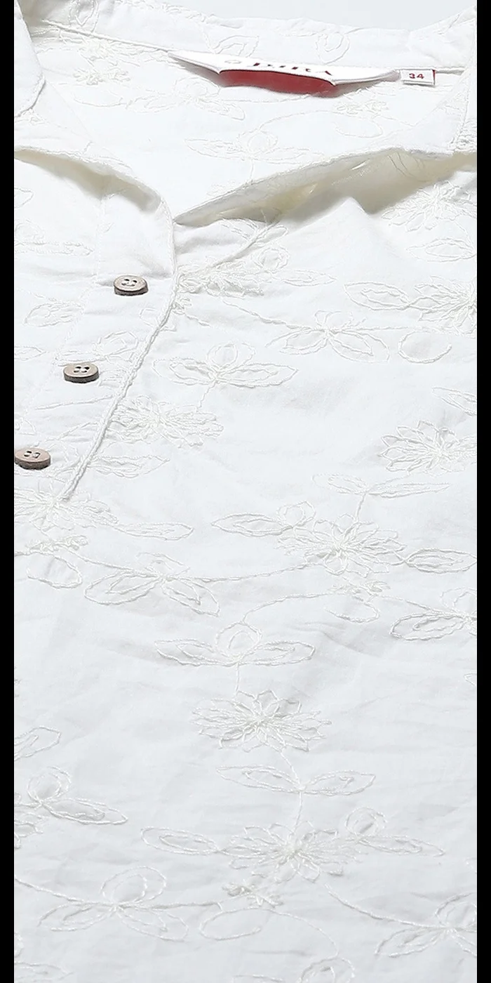 Biba White Cotton Embroidered Straight Short Kurta