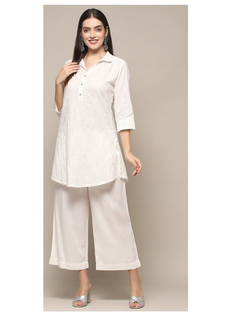 Biba White Cotton Embroidered Straight Short Kurta