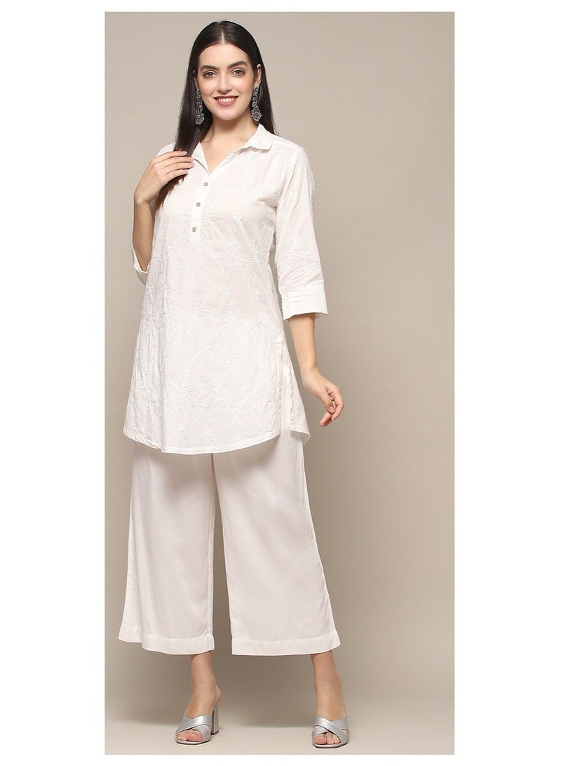 Biba White Cotton Embroidered Straight Short Kurta - Image 1