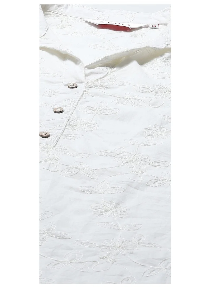 Biba White Cotton Embroidered Straight Short Kurta