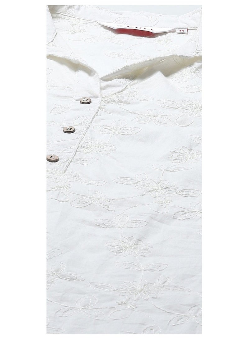 Biba White Cotton Embroidered Straight Short Kurta - Image 2