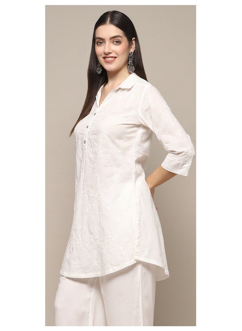 Biba White Cotton Embroidered Straight Short Kurta - Image 3
