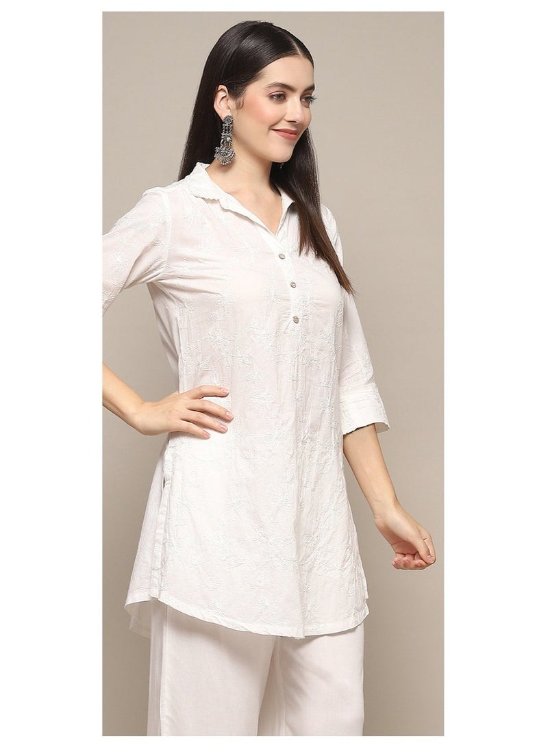 Biba White Cotton Embroidered Straight Short Kurta - Image 5