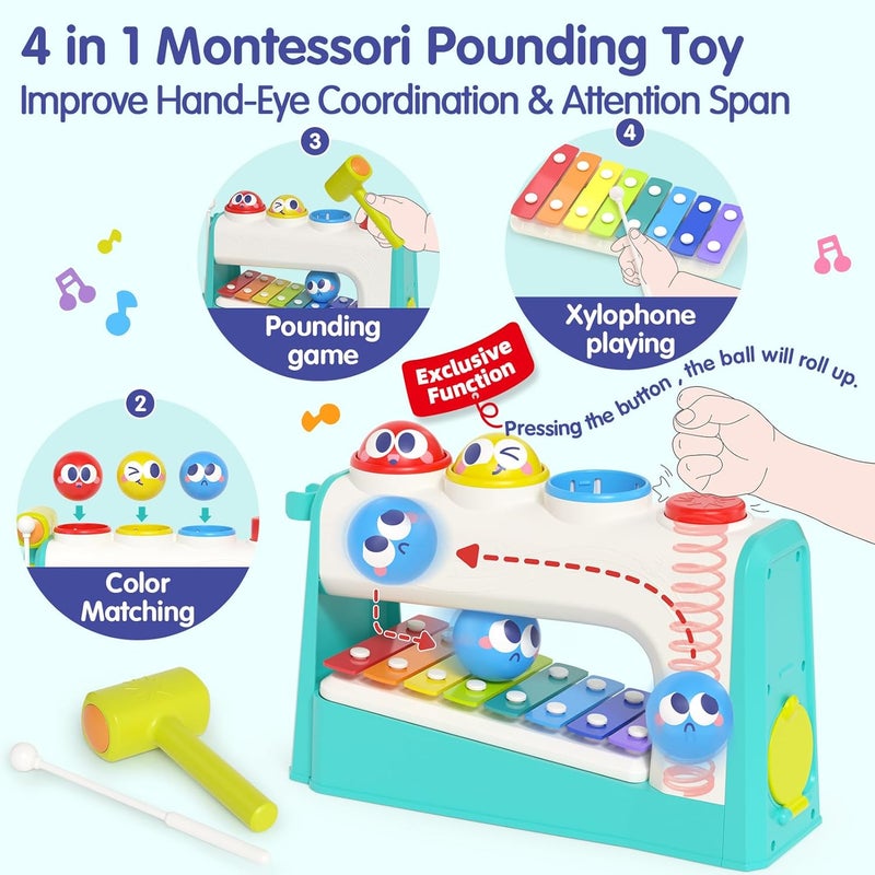 HOLA Toys for 1 Year Old Boy Birthday Gift, 4 in 1 Musical Pounding Xylophone Baby Toys 6-12-18 Months, Montessori Learning Toys for Toddlers 1-3, Early Educational Easter Basket Stuffers - Image 2