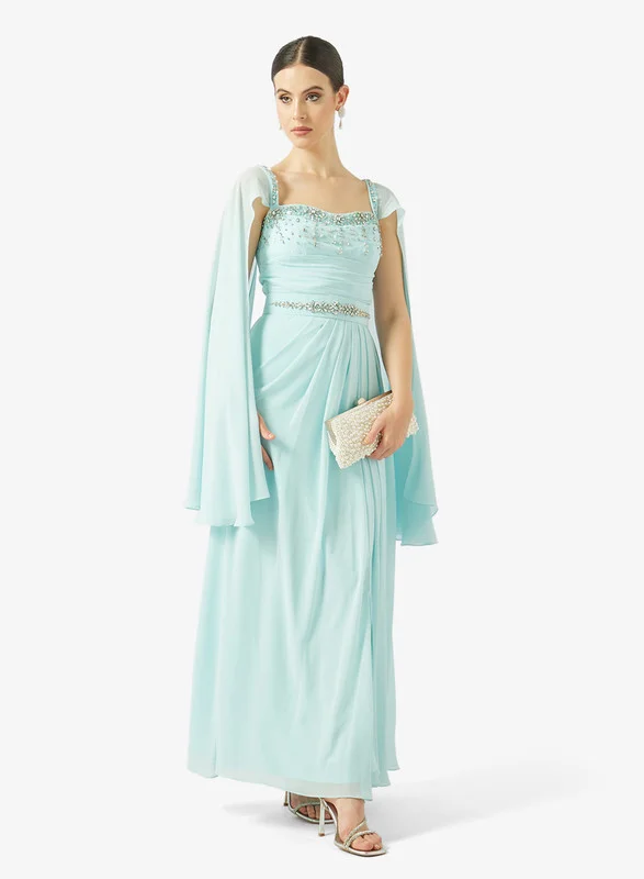 AINA Crystal Drape Cape Waistline Pleated Gown