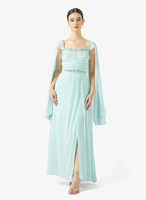 AINA Crystal Drape Cape Waistline Pleated Gown