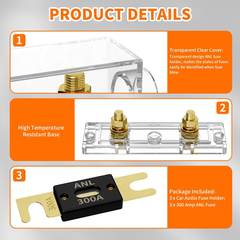 Joinfworld 300 Amp ANL Fuse Holder with 300A ANL Fuse, ANL Fuse Block 0/2/4 Gauge for Car Audio System - 3 Pack - Image 5