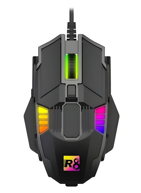 ماوس ألعاب R8 1623 – إضاءة RGB ملونة، تصميم مريح، تحكم في DPI حتى 3200، متوافقة مع Windows و Mac-كابل بطول 150سم -اسود