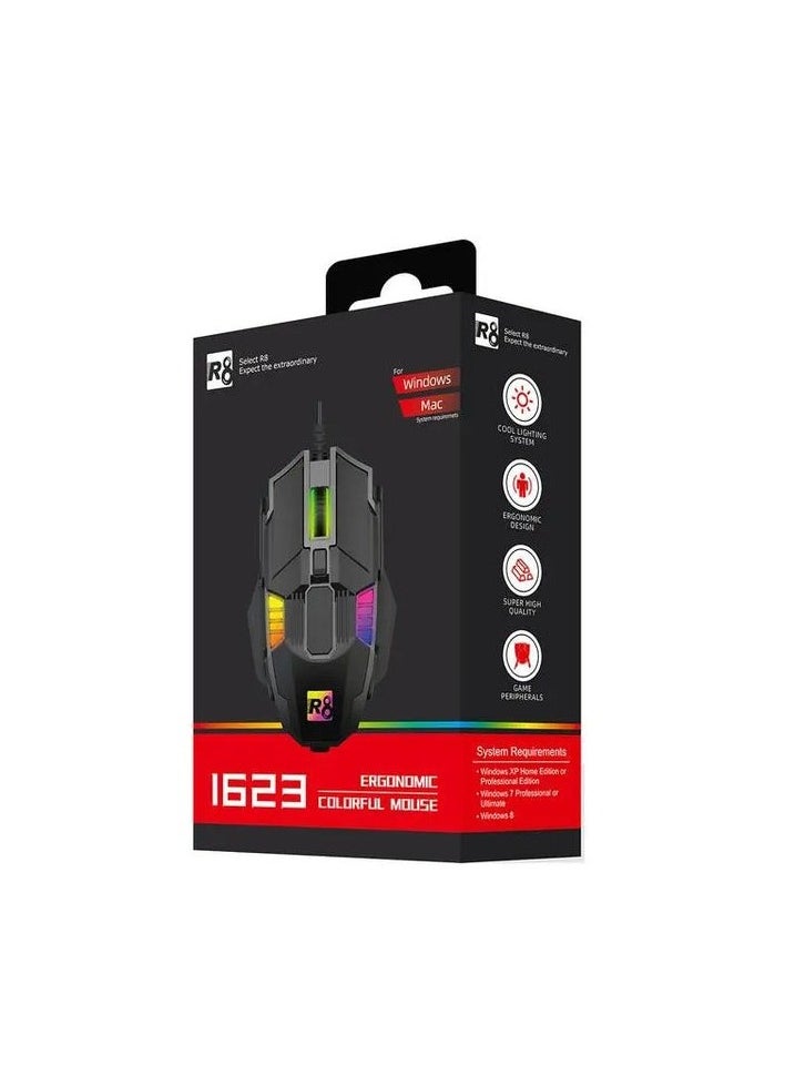 ماوس ألعاب R8 1623 – إضاءة RGB ملونة، تصميم مريح، تحكم في DPI حتى 3200، متوافقة مع Windows و Mac-كابل بطول 150سم -اسود
