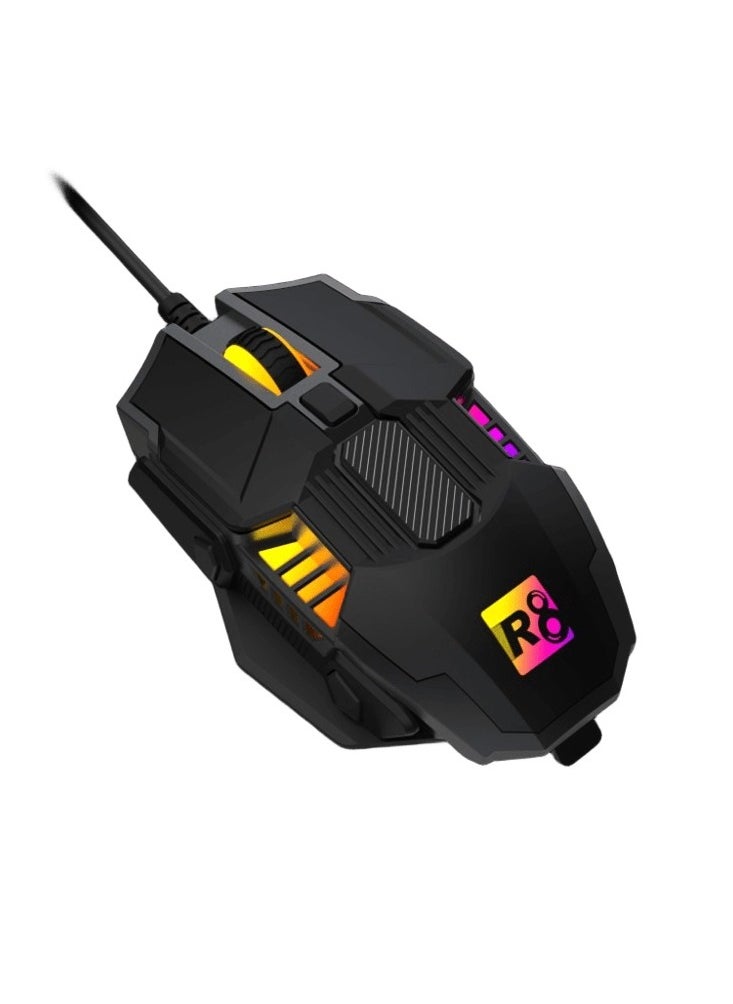 ماوس ألعاب R8 1623 – إضاءة RGB ملونة، تصميم مريح، تحكم في DPI حتى 3200، متوافقة مع Windows و Mac-كابل بطول 150سم -اسود
