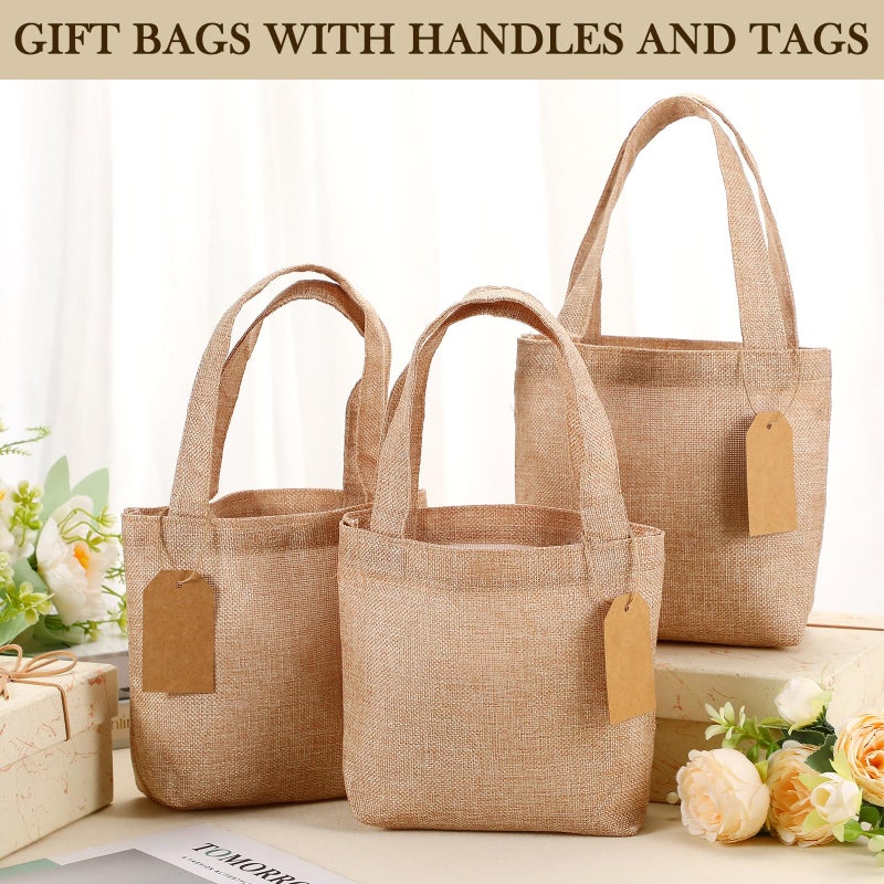 Aliceset 24 Pcs Mini Burlap Tote Bags with Handles Reusable Burlap Gift Bags with Tags Small Wedding Welcome Bridesmaids Jute Bag Bulk for Party Supplies DIY Craft (8 x 8 x 3.2 Inch,Light Brown) - Image 4