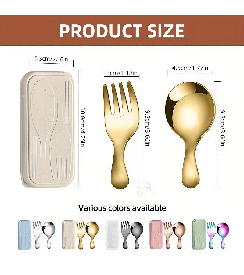Stainless Steel Mini Short Handle Spoon and Fork Set Golden White Box - Image 3