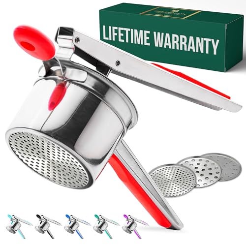 Bellemain 15 oz Large Potato Ricer  HeavyDuty Stainless Steel Potato Ricer  Masher  Perfect for Mashed Potatoes  Kitchen Tool with 3 Interchangeable Discs