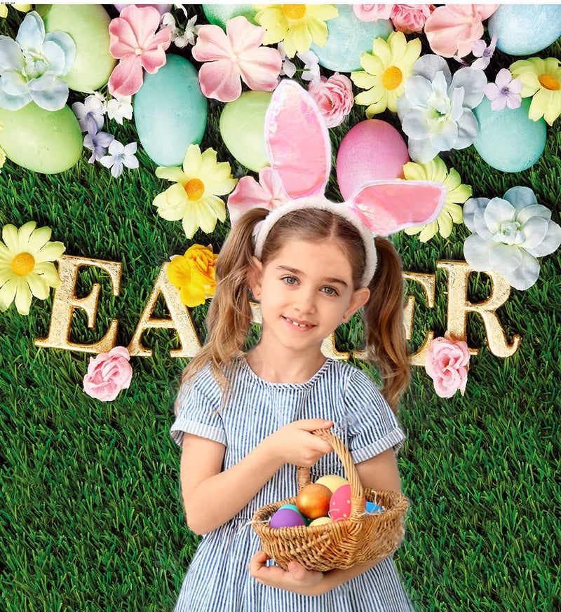CYLYH 5x7ft Spring Easter Photography Backdrop Green Grass Pink Floral Colorful Eggs Background Children Birthday Party Banner Easter Party Backdrop - Image 3