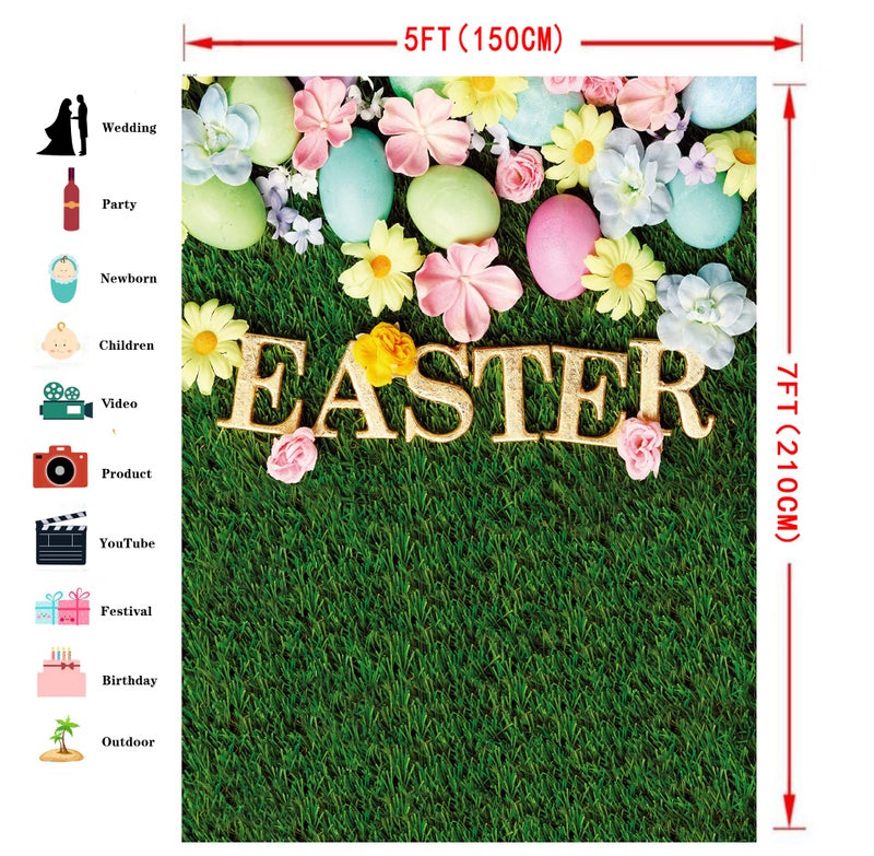 CYLYH 5x7ft Spring Easter Photography Backdrop Green Grass Pink Floral Colorful Eggs Background Children Birthday Party Banner Easter Party Backdrop - Image 4