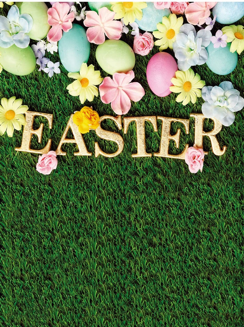 CYLYH 5x7ft Spring Easter Photography Backdrop Green Grass Pink Floral Colorful Eggs Background Children Birthday Party Banner Easter Party Backdrop - Image 1