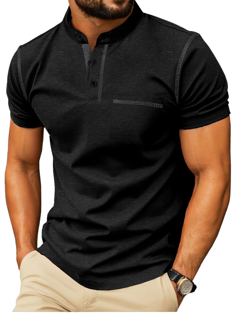 Sailwind Mens Henley Shirts Short Sleeve Summer Casual Classic Cotton T Shirts Pocket Button Shirt Black - Image 1