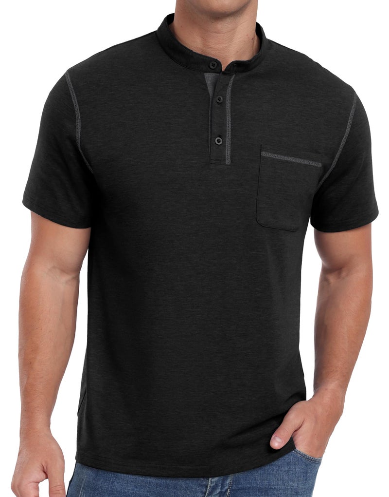 Sailwind Mens Henley Shirts Short Sleeve Summer Casual Classic Cotton T Shirts Pocket Button Shirt Black - Image 5