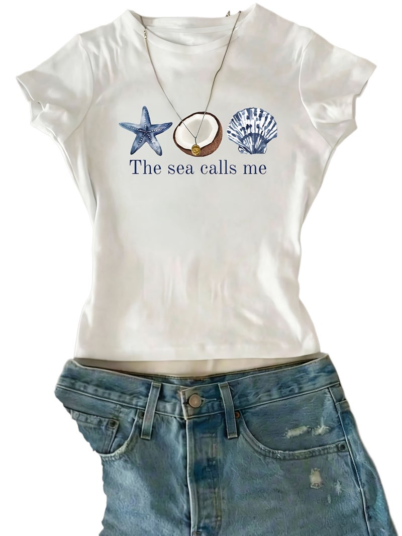 European And American Fashion One - Piece Creative Design Girly Women'S T - Shirt with Starfish, Coconut, And Shell Patterns + The Text \ - White / XXS - Image 1