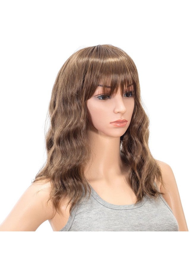 SWACC Short Curly Wavy Bob Wig With Bangs Synthetic Medium Shoulder Length Hair Wig For Women With Wig Cap (Brown Auburn Blended)