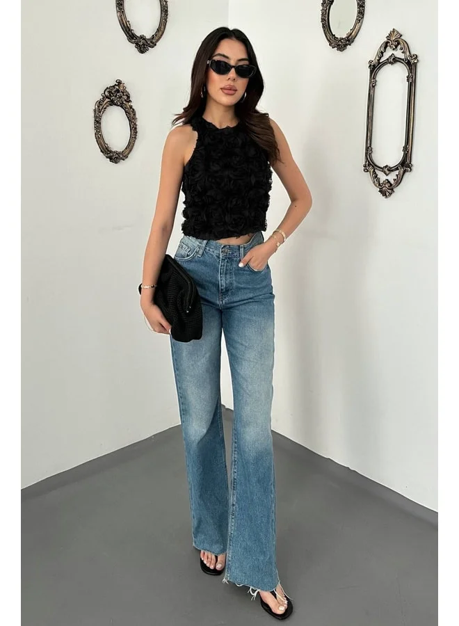 END BLACK Black Floral Blouse L Black.