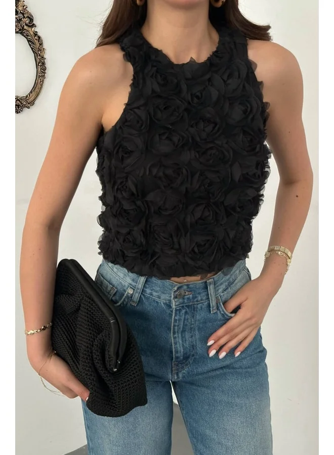 END BLACK Black Floral Blouse L Black.