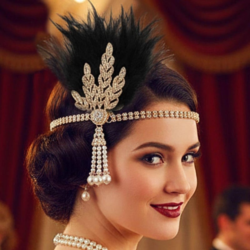Aukmla 1920s Flapper Feather Headband Leaf Rhinestones Headpiece Pearl Roaring 20s Headdress Hair Accessories for Women (Black Gold, One Size) - Image 3