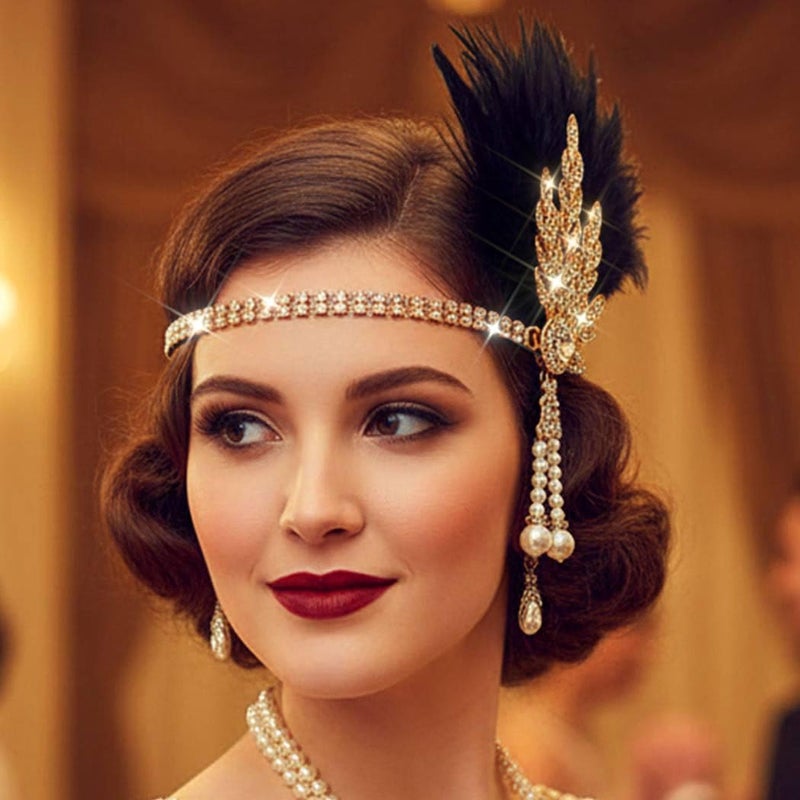 Aukmla 1920s Flapper Feather Headband Leaf Rhinestones Headpiece Pearl Roaring 20s Headdress Hair Accessories for Women (Black Gold, One Size) - Image 5