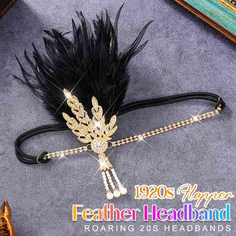 Aukmla 1920s Flapper Feather Headband Leaf Rhinestones Headpiece Pearl Roaring 20s Headdress Hair Accessories for Women (Black Gold, One Size) - Image 2