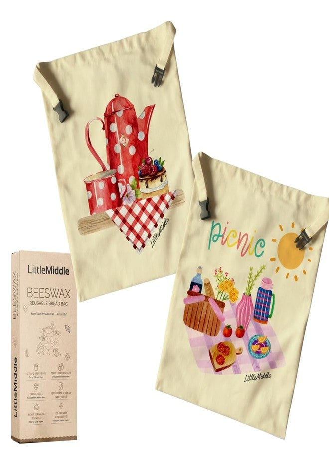 LittleMiddle 2 XL Beeswax Bread Bags for Homemade Bread, Sourdough - Reusable, Plastic-Free, Keeps Fresh, Washable, Compostable (Beige with Picnic) - Image 4